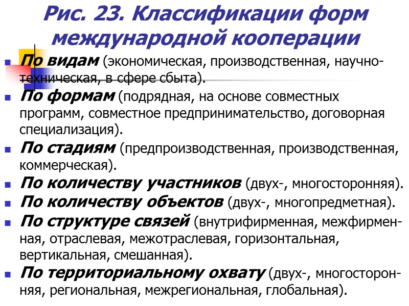 Рис. 23. Классификации форм международной кооперации По видам (экономическая, производственная, научно-техническая, в сфере сбыта). Рис. 23. Классификации форм международной кооперации По видам (экономическая, производственная, научно-техническая, в сфере сбыта).
